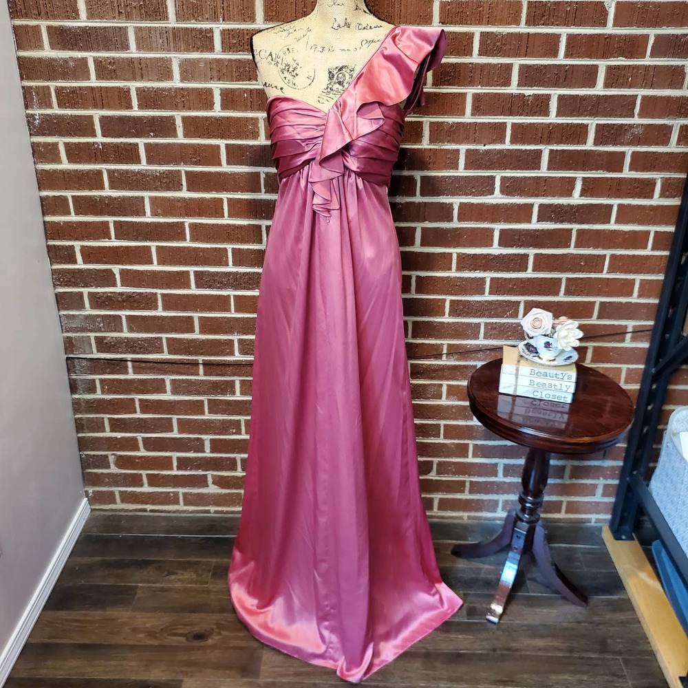 Amsale Rhubarb Pink Satin Silky Ruffle One Shoulder Strap Gown Dress 10 NWT